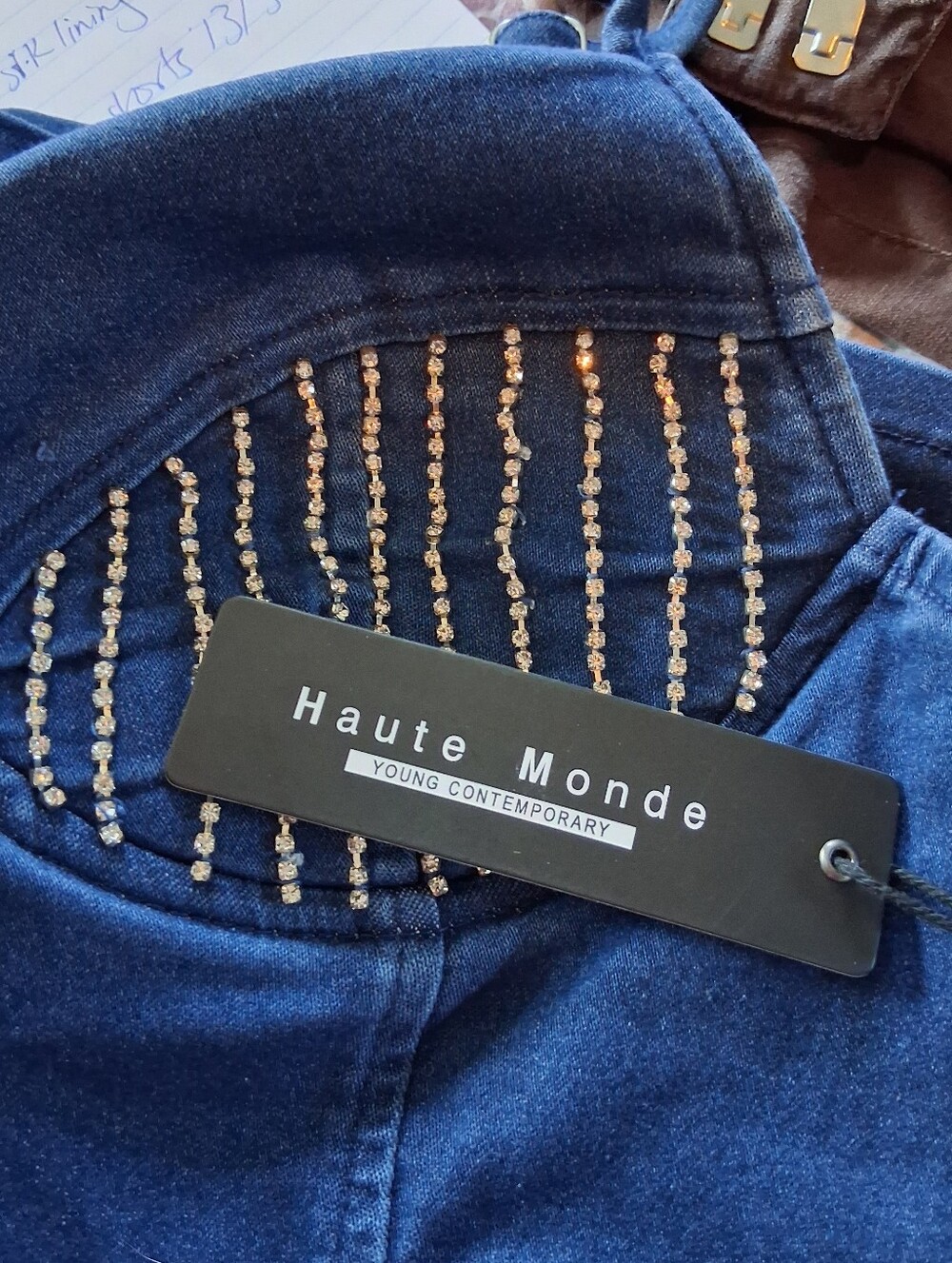 Haute Monde Denim Stretch Romper Shorts with Rhinestone Detail L